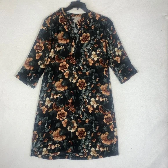 H&M Womens Black Floral Print 3/4 Sleeve V-Neck Shift Dress Sz 8 Polyester Boho - Picture 1 of 12
